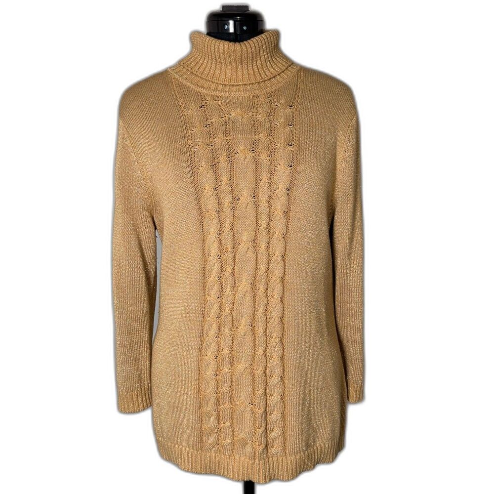 Jones Wear Gold Metallic Cable Knit Turtleneck Tunic Sweater